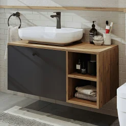 Meuble vasque suspendu 1 tiroir décor pin et gris RUSH
