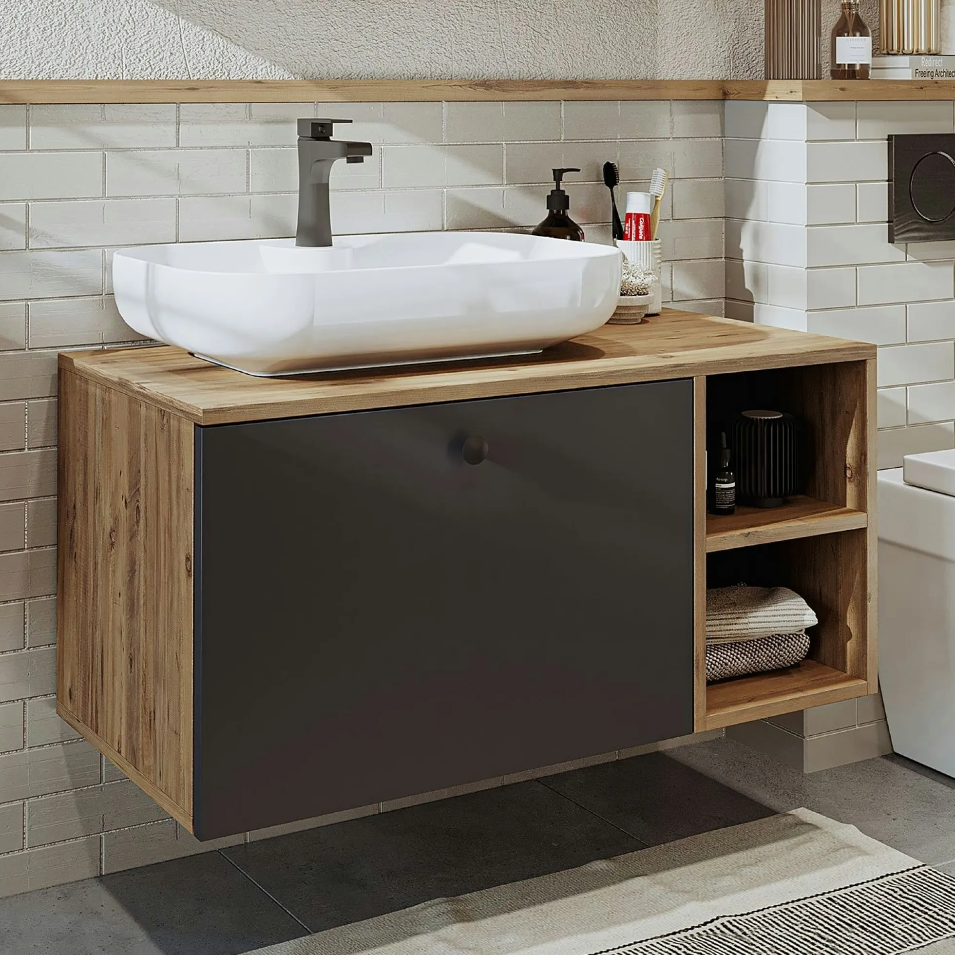 Meuble vasque suspendu 1 tiroir décor pin et gris RUSH