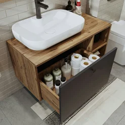 Meuble vasque suspendu 1 tiroir décor pin et gris RUSH