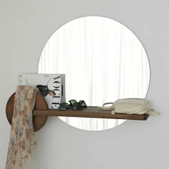 Miroir d'entrée rond avec étagère en bois brun HILO