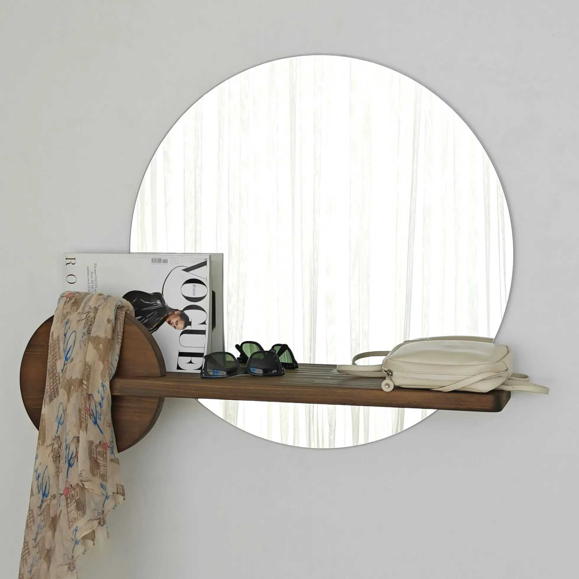 Miroir d'entrée rond avec étagère en bois brun HILO