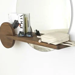 Miroir d'entrée rond avec étagère en bois brun HILO