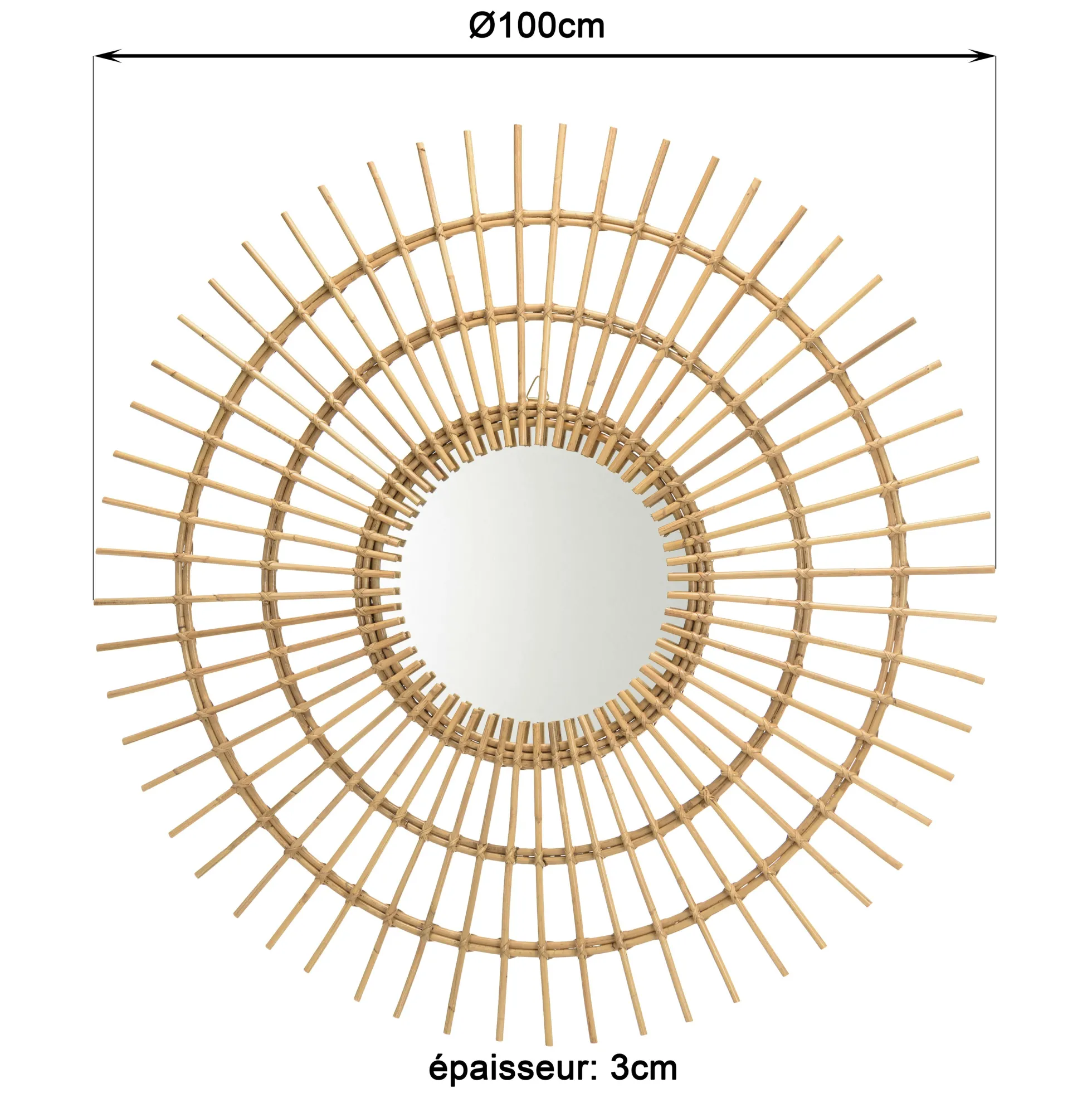 Miroir rond 100 cm en rotin miel MANY