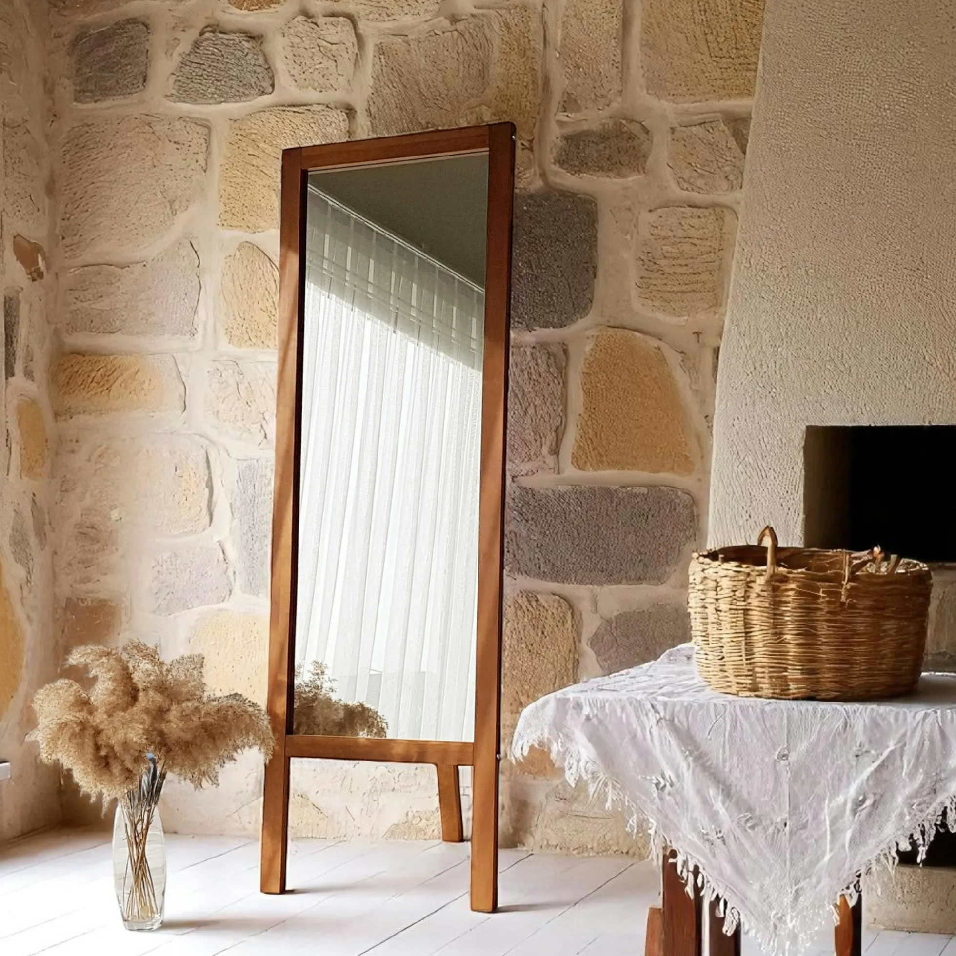 Miroir vertical sur pied - bois marron, 2 crochets HILO