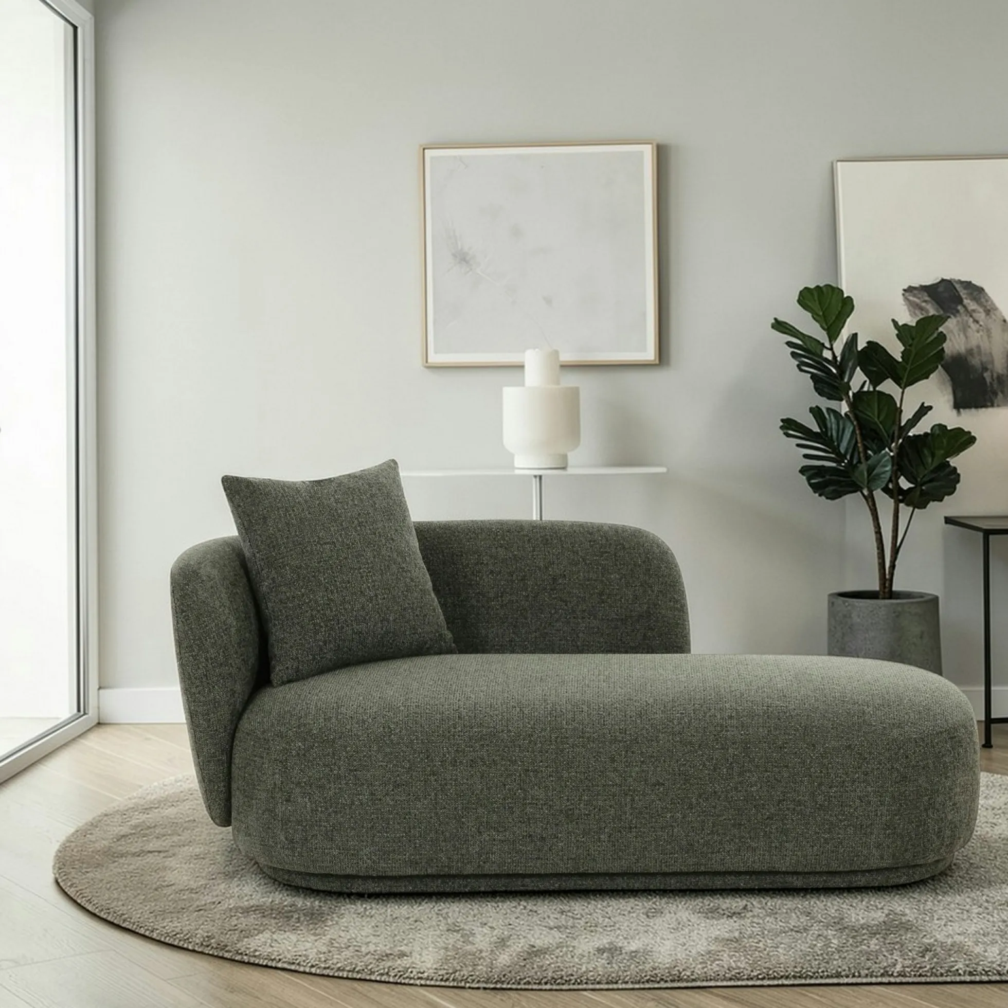 Méridienne verte design organique et coussin assorti NAMSOS