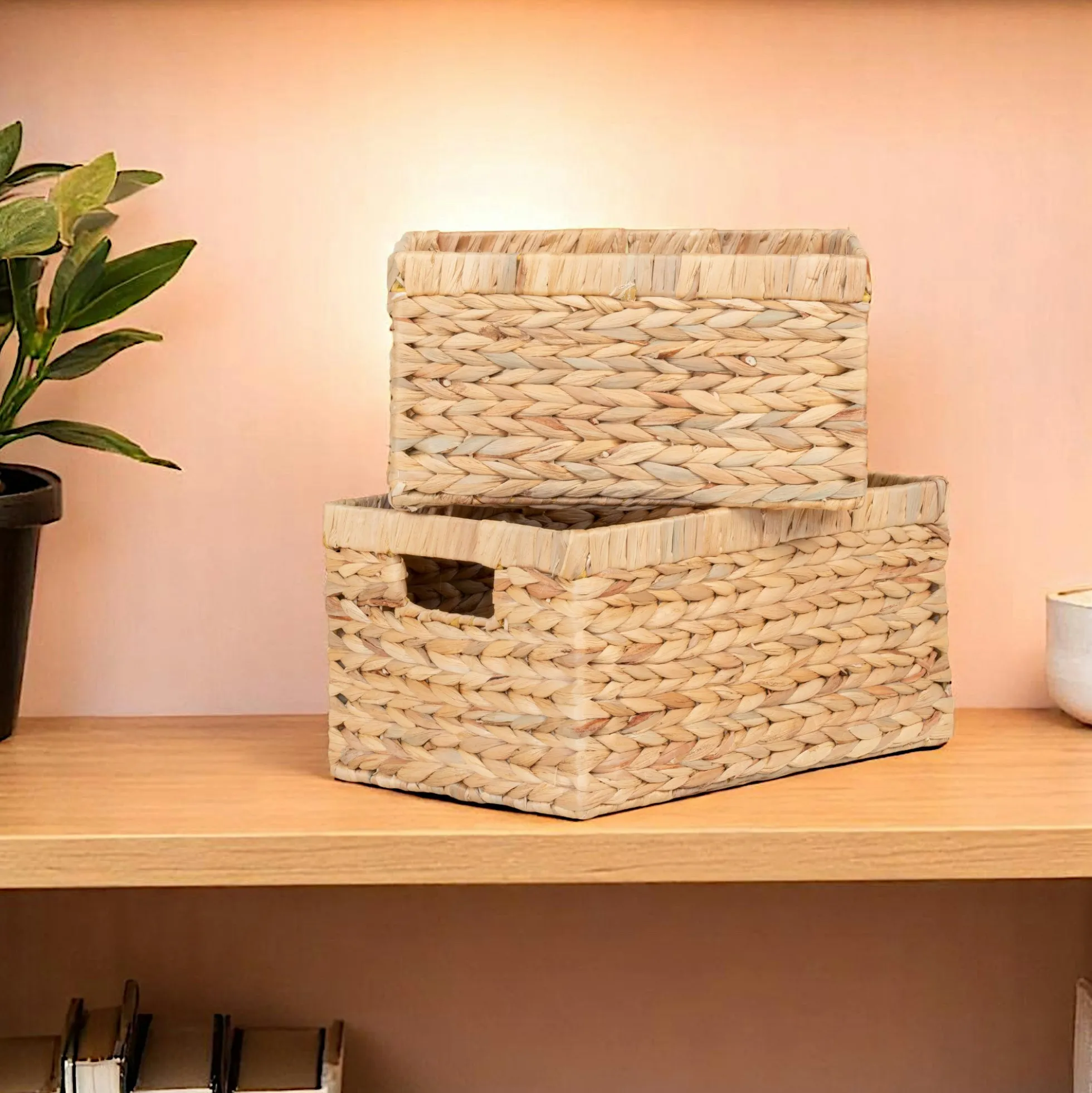 Panier de rangement déco en jacinthe d'eau avec poignées (lot de 2)