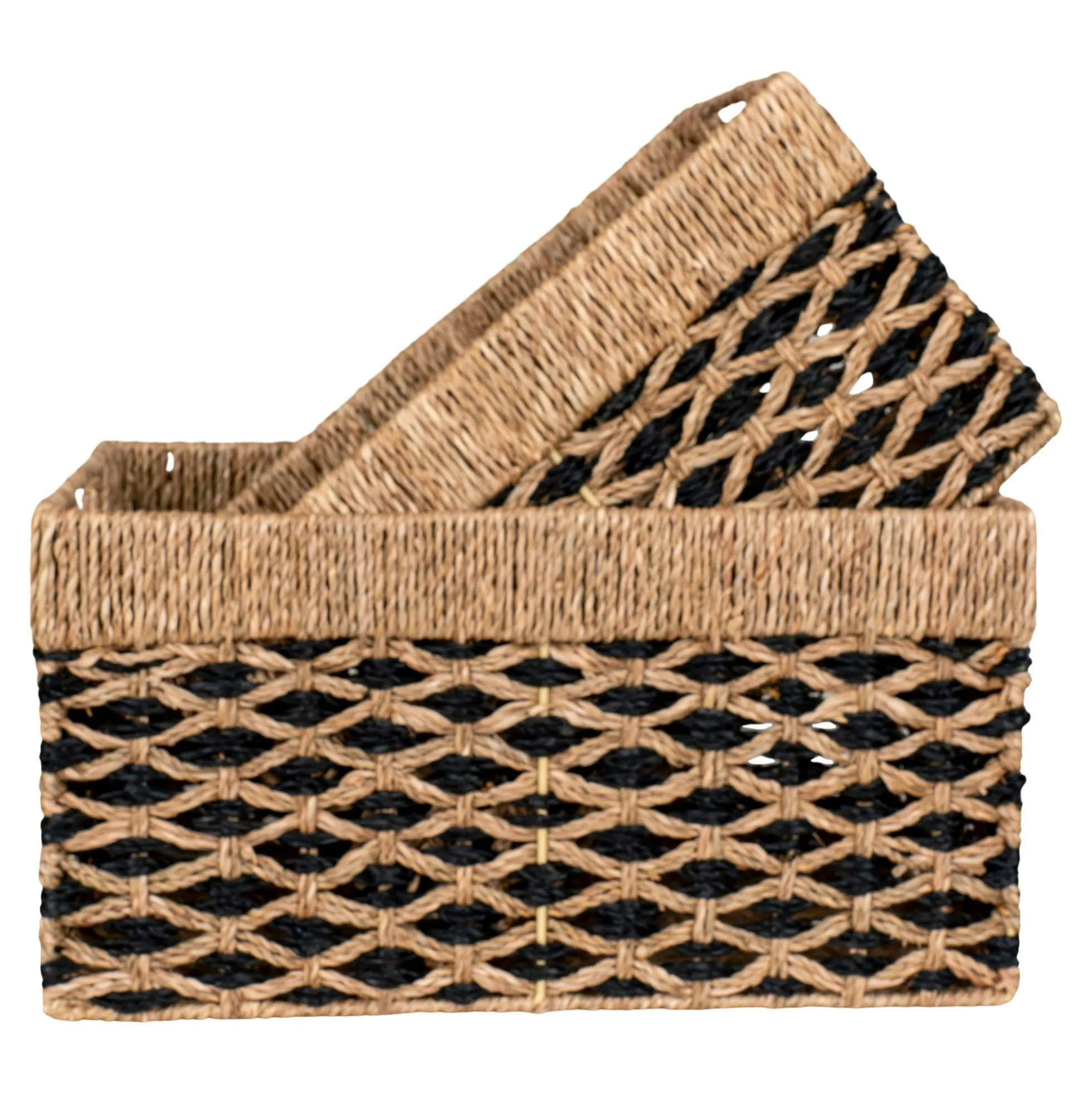 Panier de rangement déco en jonc de mer noir et naturel (lot de 2)
