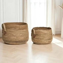 Panier de rangement rond avec poignées, en feuille de bananier (lot de 2)