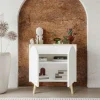 Petit buffet blanc 2 portes, plateau effet bois clair MARFA