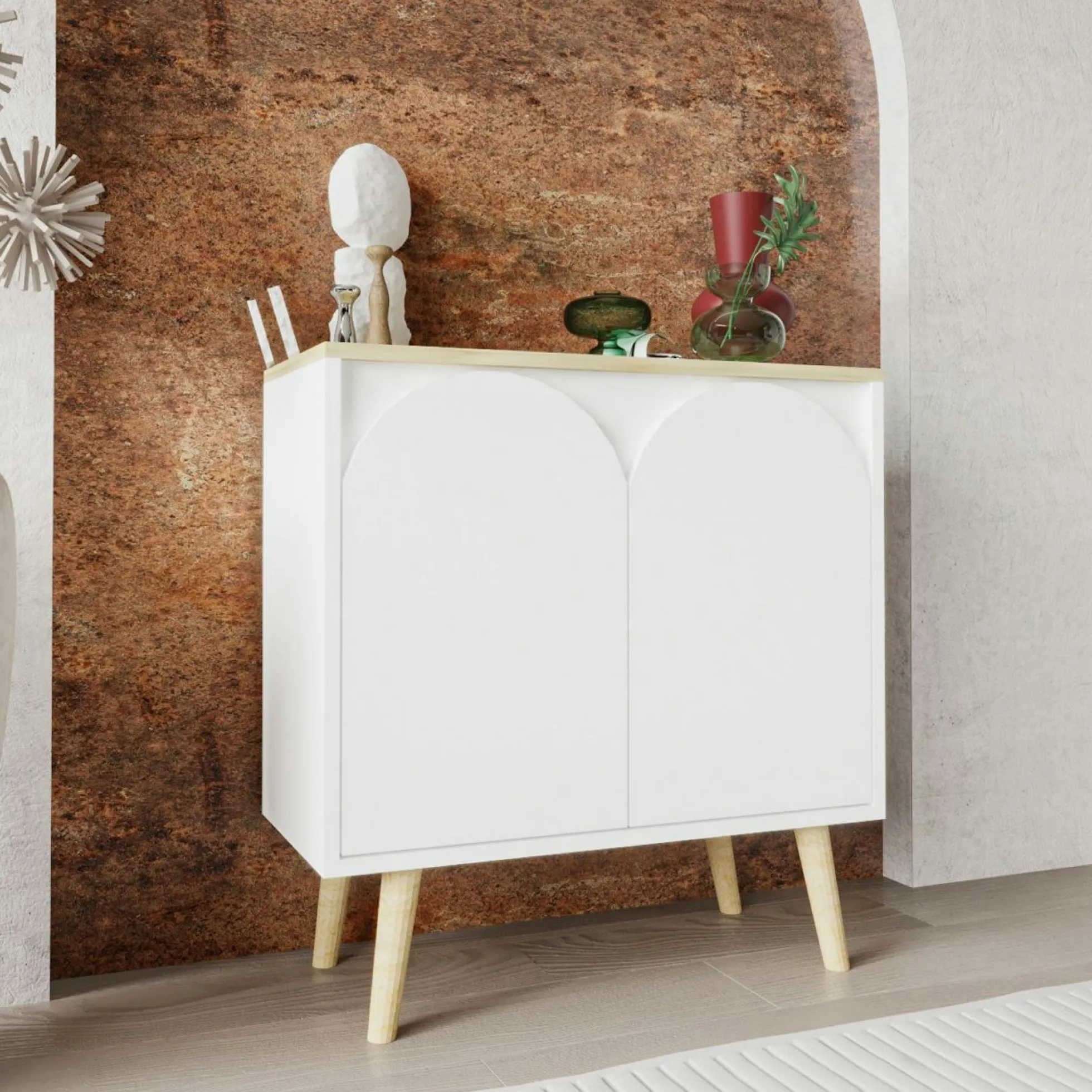 Petit buffet blanc 2 portes, plateau effet bois clair MARFA