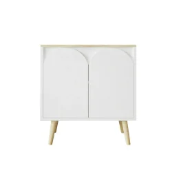 Petit buffet blanc 2 portes, plateau effet bois clair MARFA