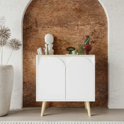 Petit buffet blanc 2 portes, plateau effet bois clair MARFA