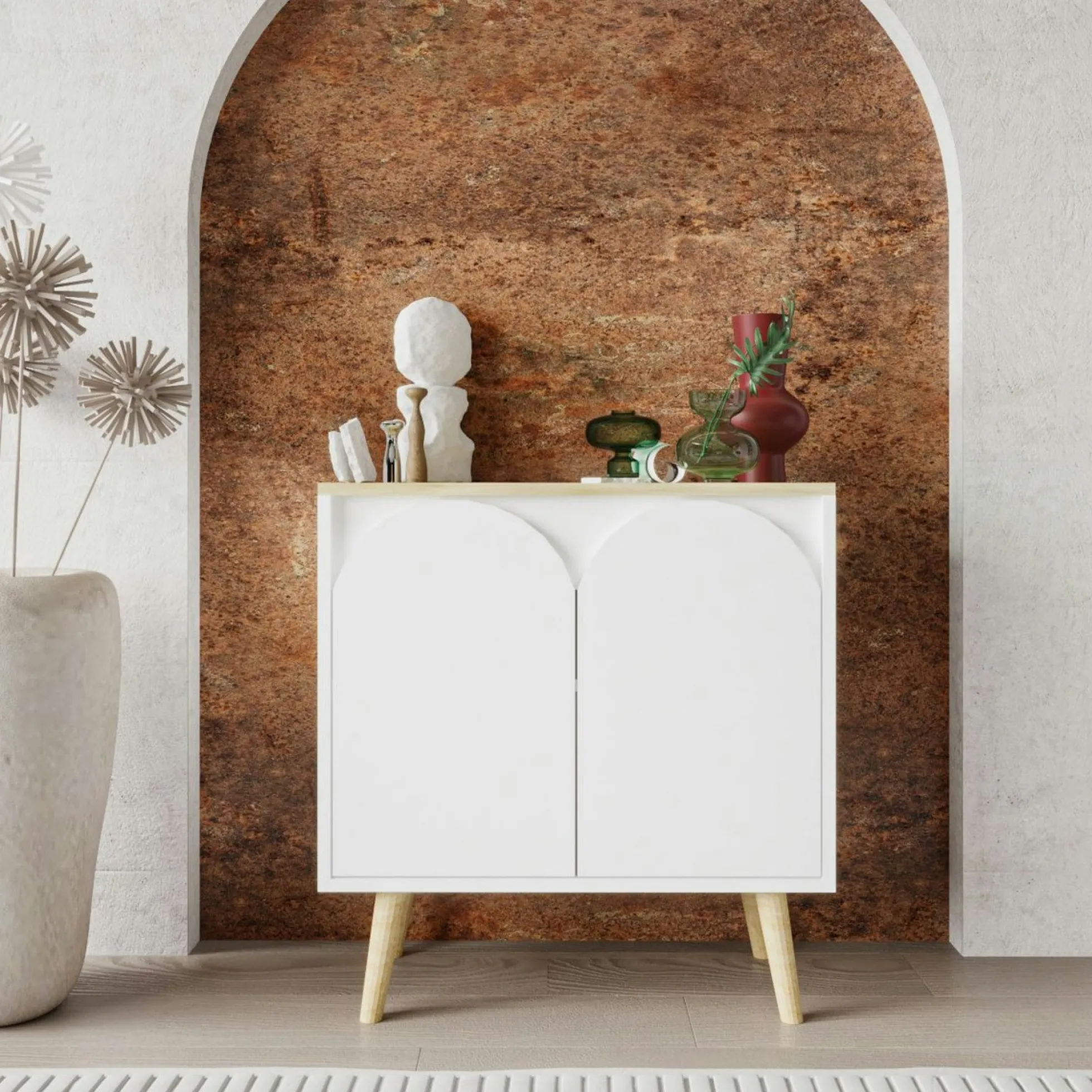 Petit buffet blanc 2 portes, plateau effet bois clair MARFA