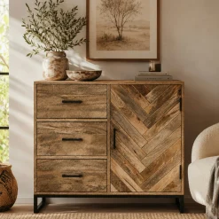 Petit buffet bois de manguier 1 porte 3 tiroirs BRIX