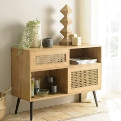 Petit buffet bois effet cannage 2 portes coulissantes ALCUDIA
