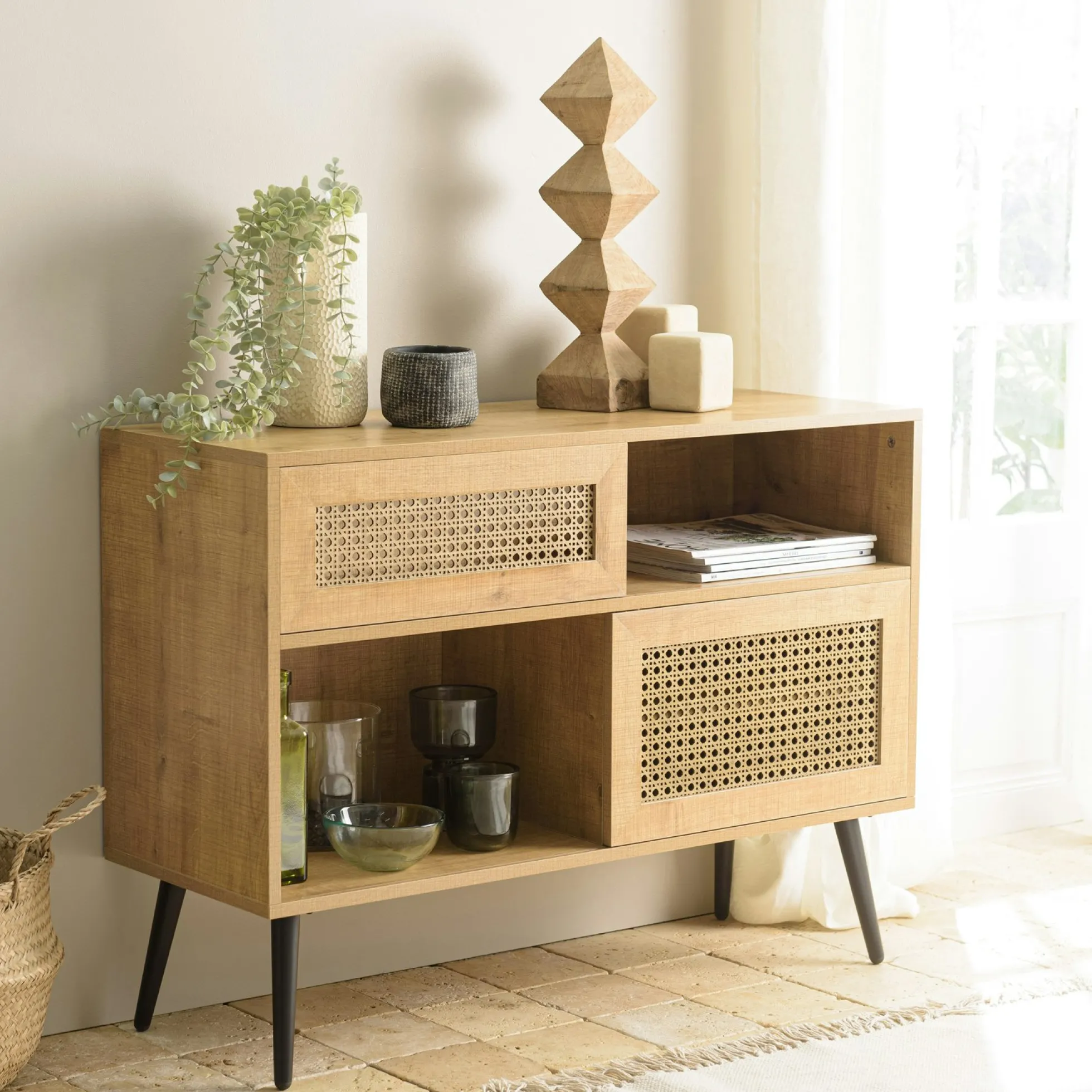 Petit buffet bois effet cannage 2 portes coulissantes ALCUDIA