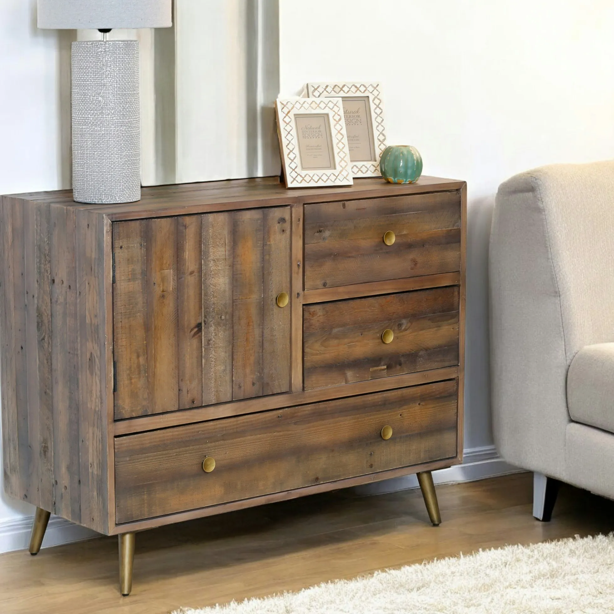 Petit buffet bois recyclé piètement effet laiton vieilli ADÉLAÏDE