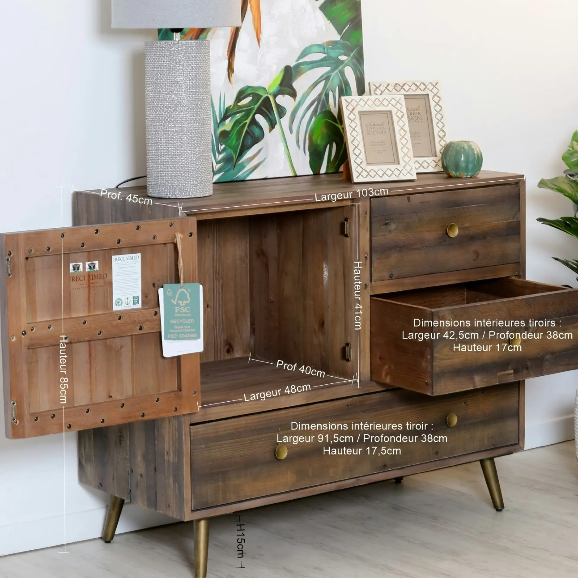 Petit buffet bois recyclé piètement effet laiton vieilli ADÉLAÏDE
