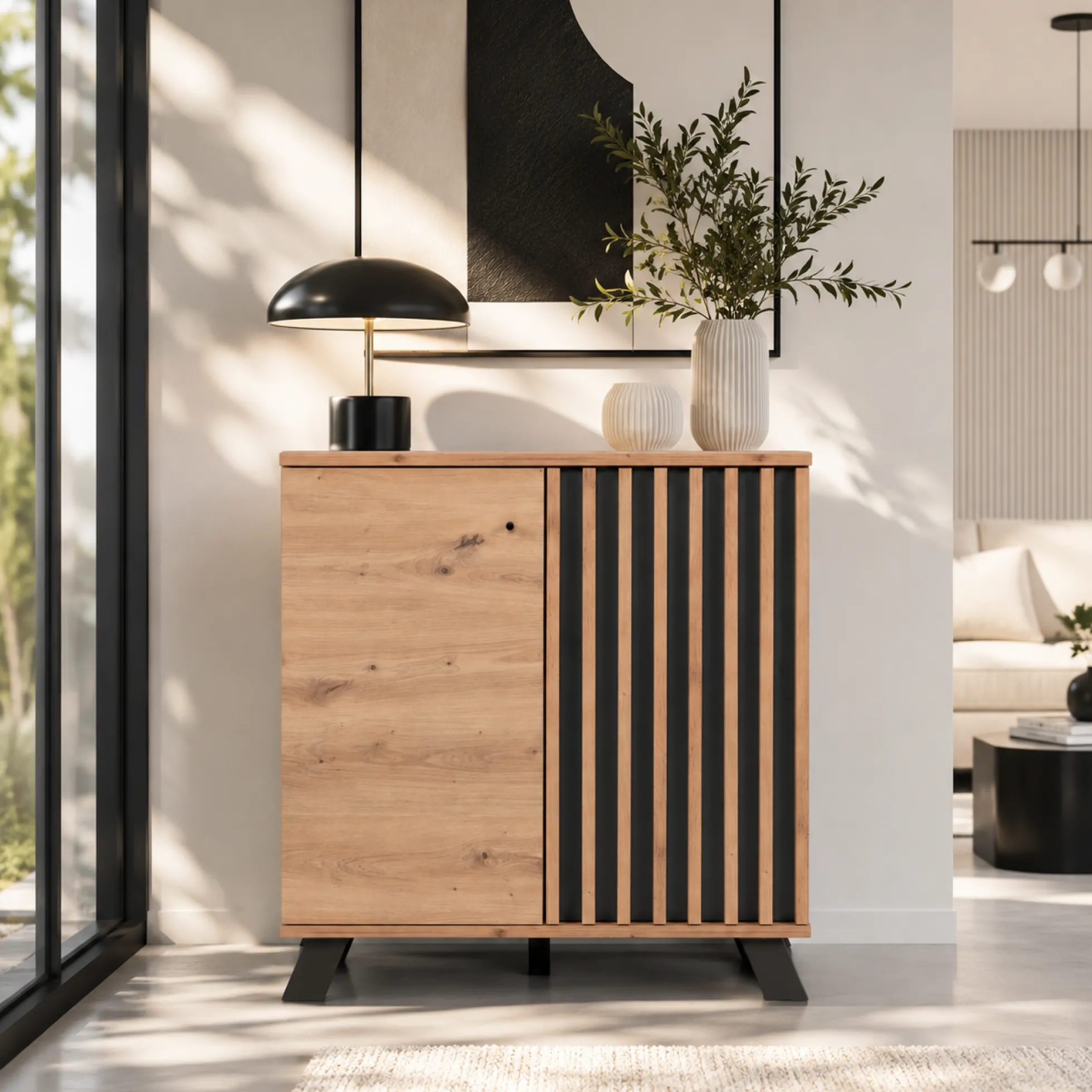 Petit buffet moderne 1 porte noire rainurée ALVA