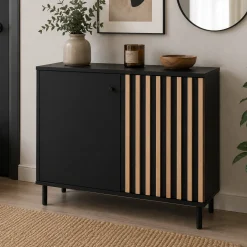 Petit buffet 2 portes design noir et décor bois NOREN