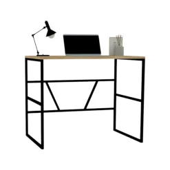 Petit bureau moderne noir avec plateau effet chêne clair JENA