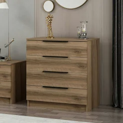 Petite commode moderne 4 tiroirs effet bois de noyer BYRON