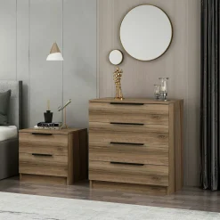 Petite commode moderne 4 tiroirs effet bois de noyer BYRON