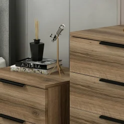 Petite commode moderne 4 tiroirs effet bois de noyer BYRON