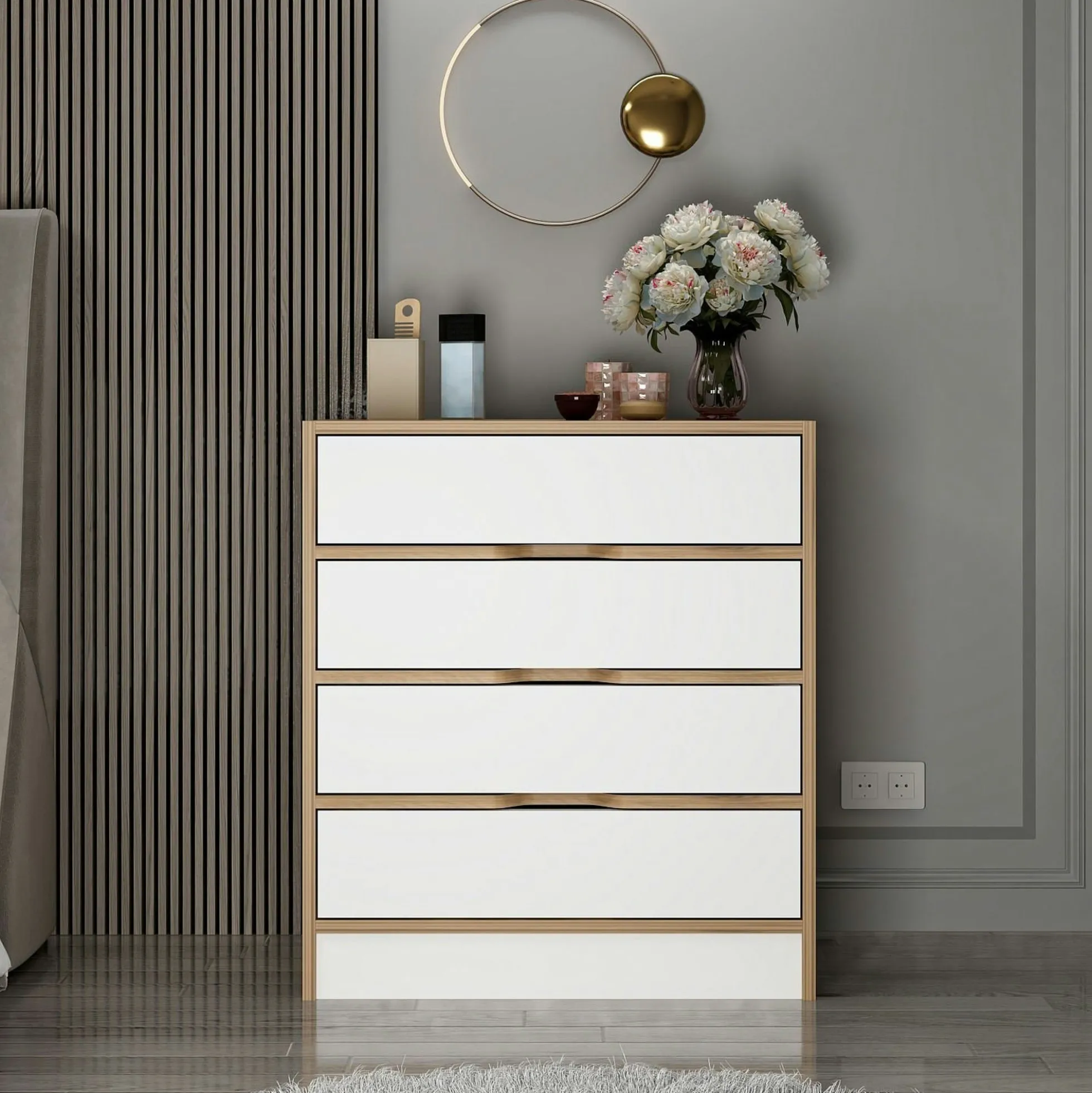 Petite commode moderne 4 tiroirs effet noyer & blanc BYRON