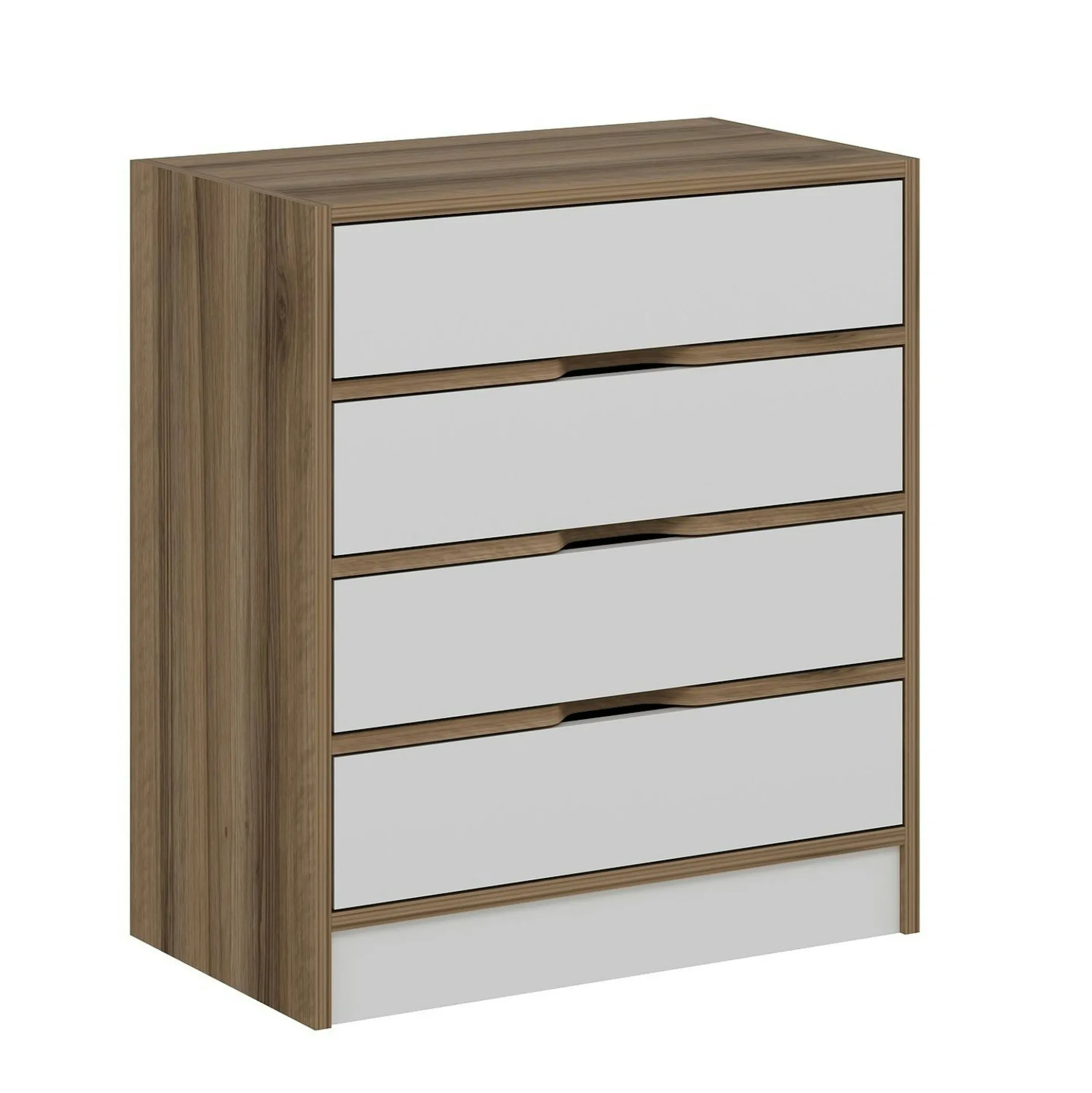 Petite commode moderne 4 tiroirs effet noyer & blanc BYRON