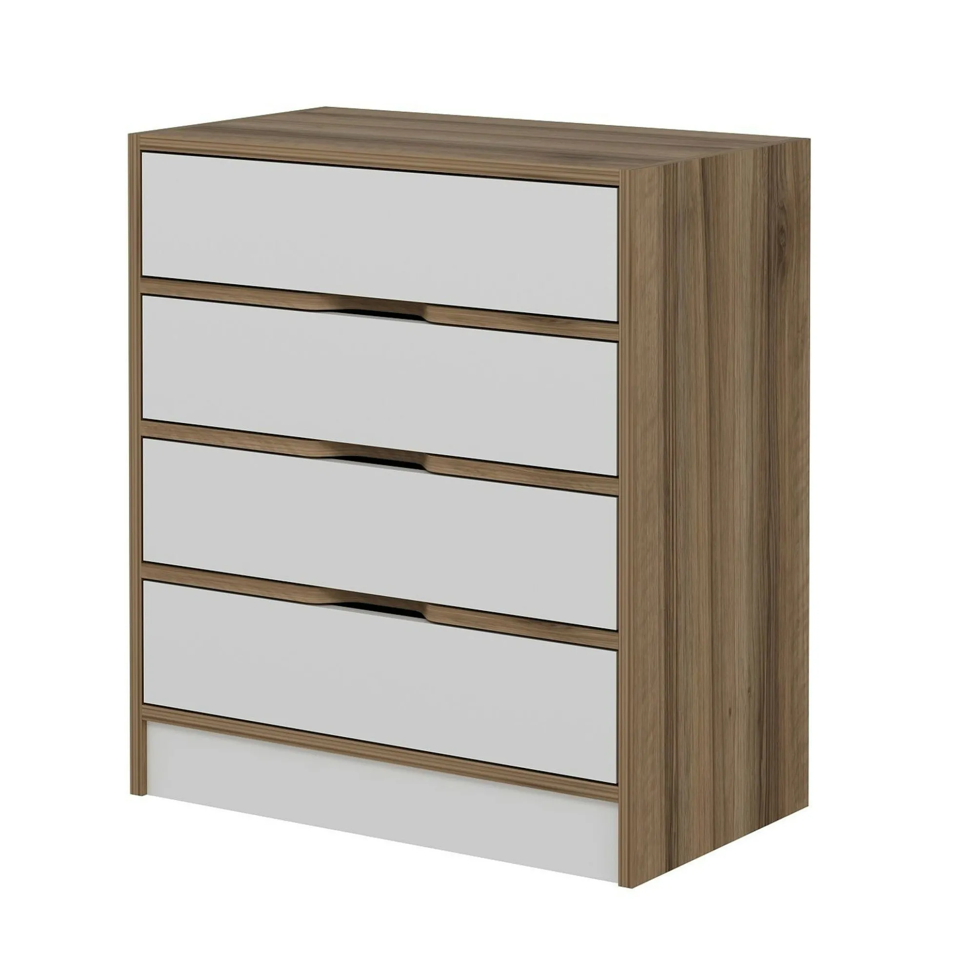 Petite commode moderne 4 tiroirs effet noyer & blanc BYRON