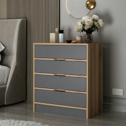 Petite commode moderne 4 tiroirs effet noyer & gris BYRON