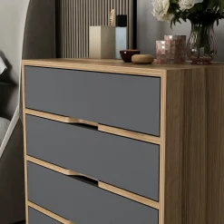 Petite commode moderne 4 tiroirs effet noyer & gris BYRON