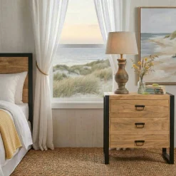 Petite commode 3 tiroirs bois clair et métal noir MILORA