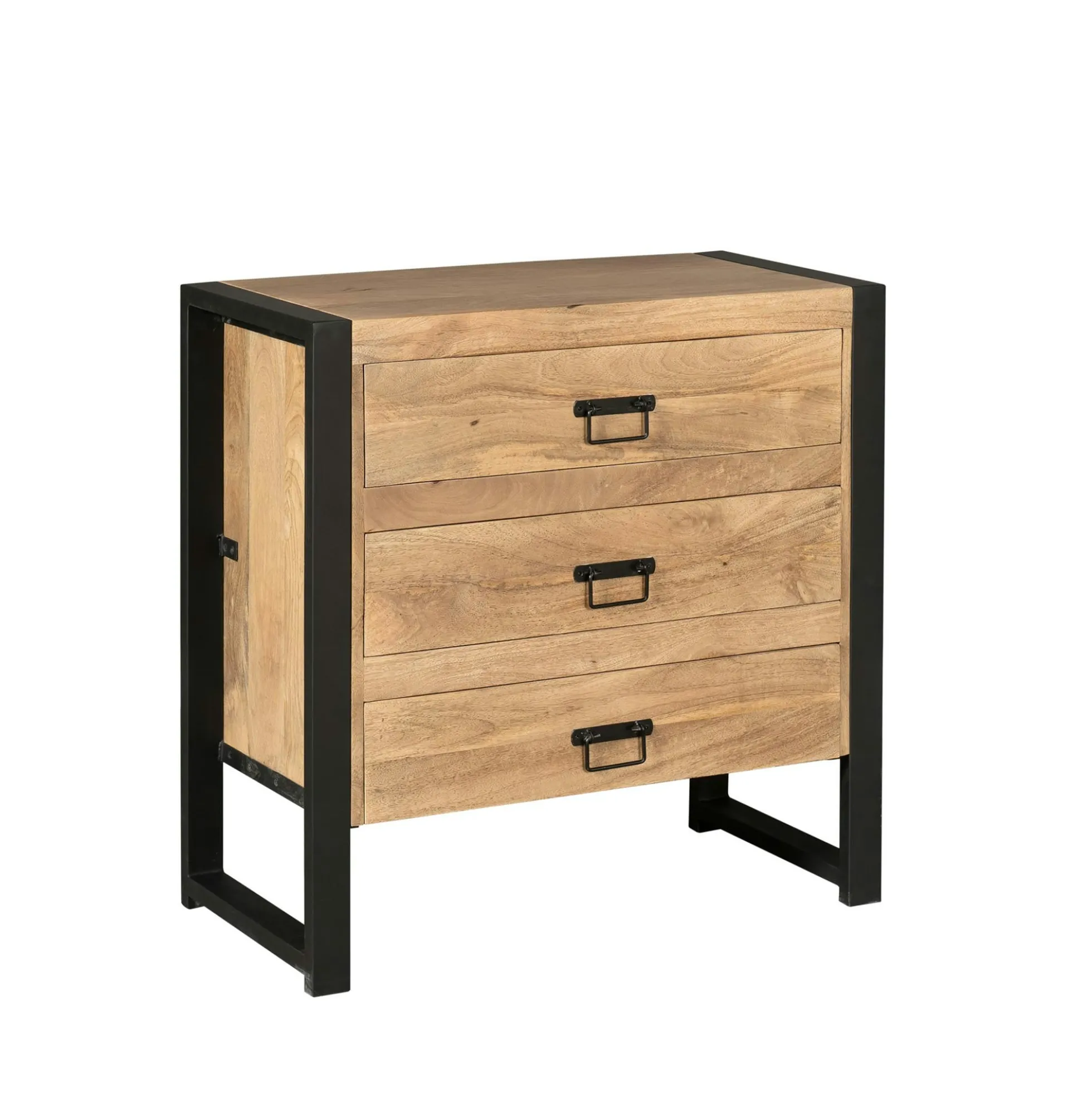 Petite commode 3 tiroirs bois clair et métal noir MILORA