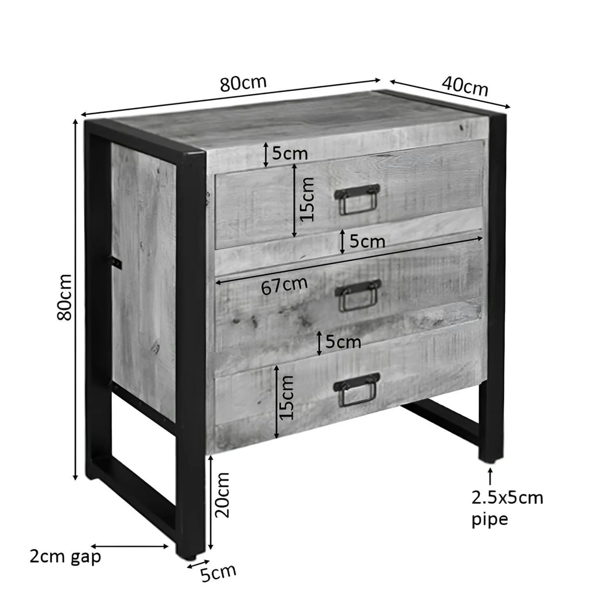 Petite commode 3 tiroirs bois clair et métal noir MILORA