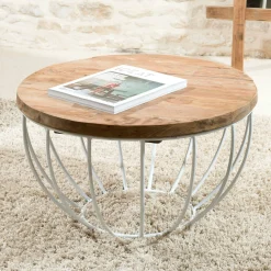 Petite table basse ronde teck recyclé structure filaire blanche SWING