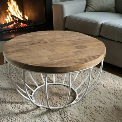 Petite table basse ronde teck recyclé structure filaire blanche SWING