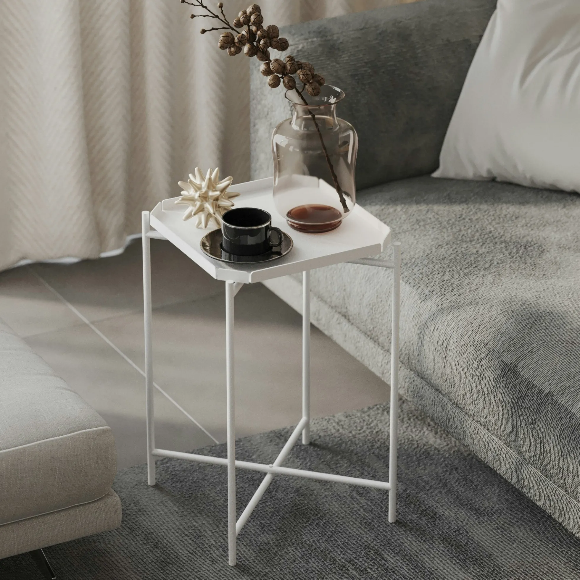 Petite table d’appoint blanche carrée, pieds croisés SFAX
