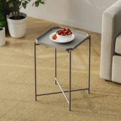 Petite table d’appoint grise carrée, pieds croisés SFAX