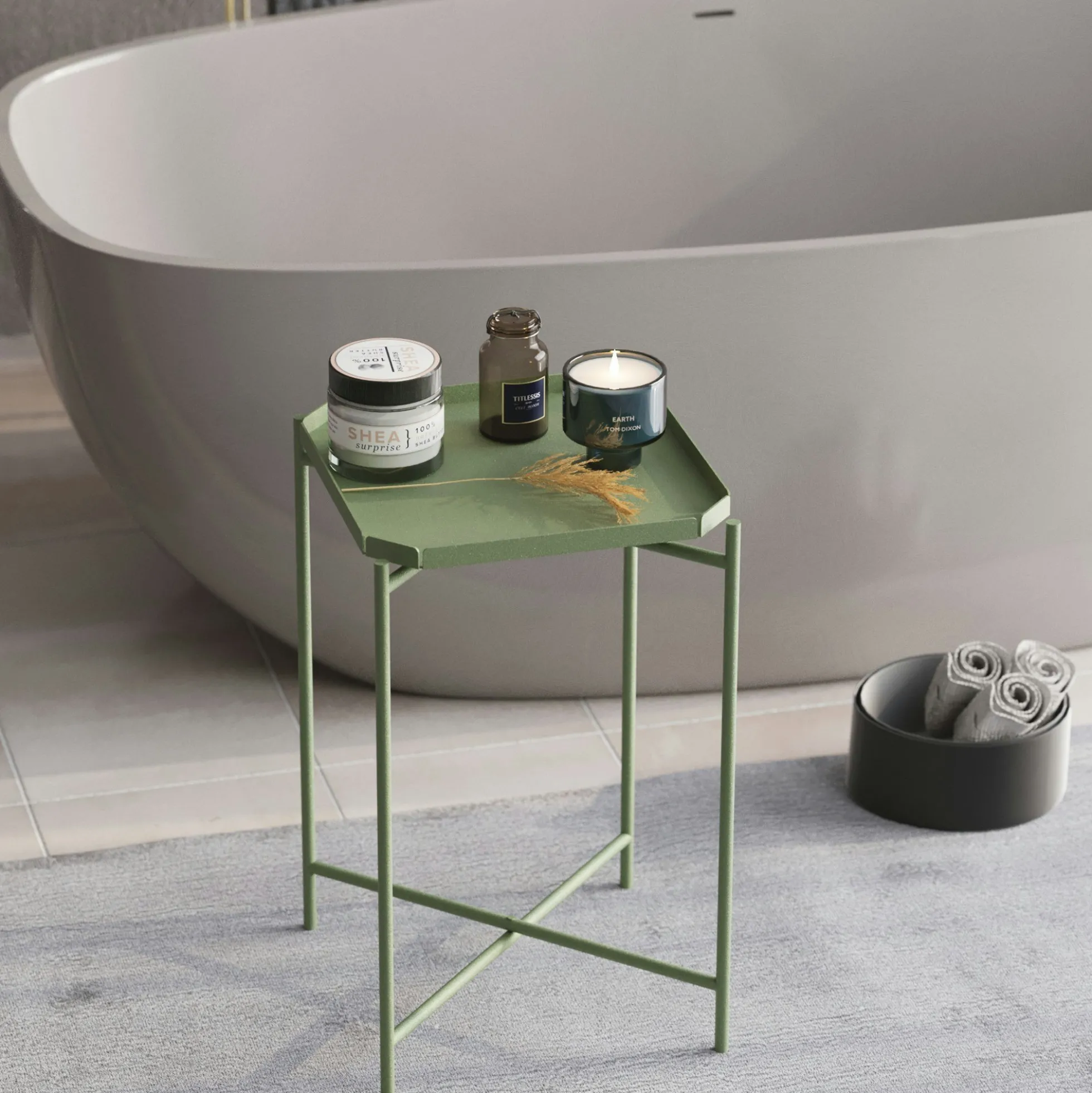Petite table d’appoint verte carrée, pieds croisés SFAX
