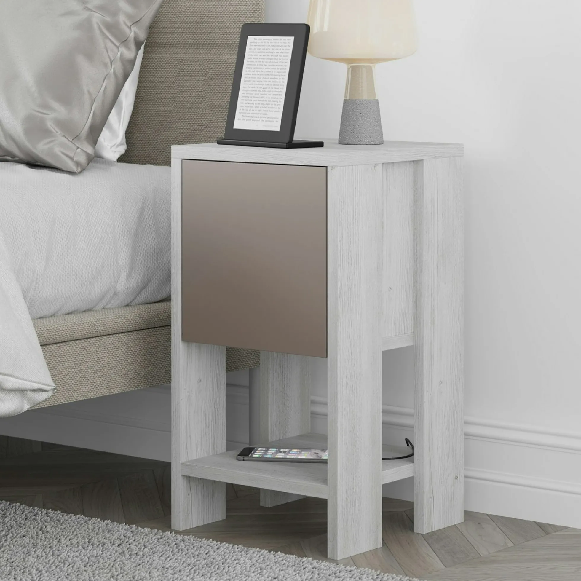 Petite table de chevet blanc gris 1 porte moka MARFA