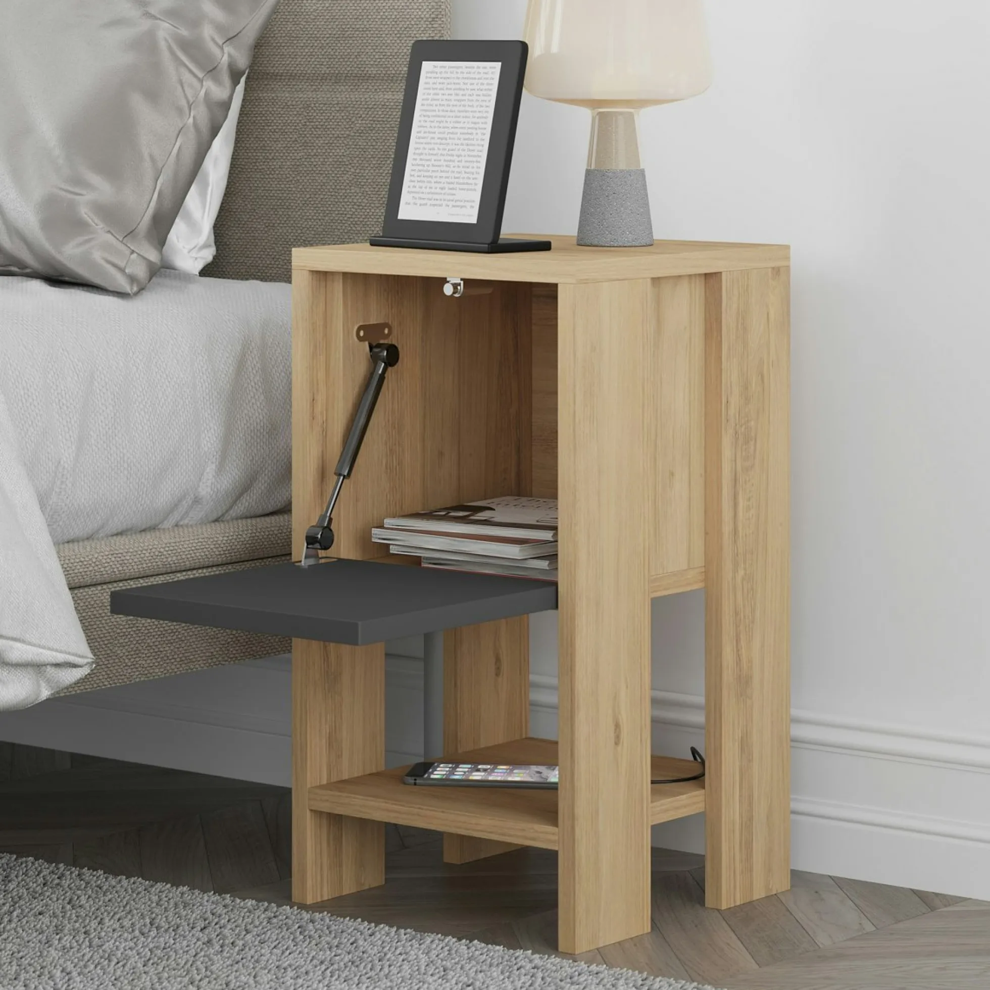 Petite table de chevet décor bois porte grise MARFA