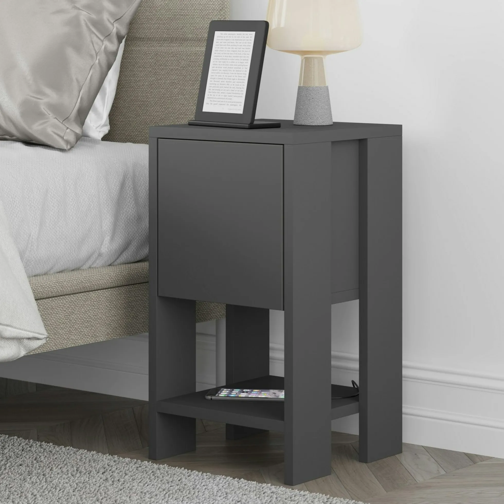 Petite table de chevet grise avec porte abattante MARFA