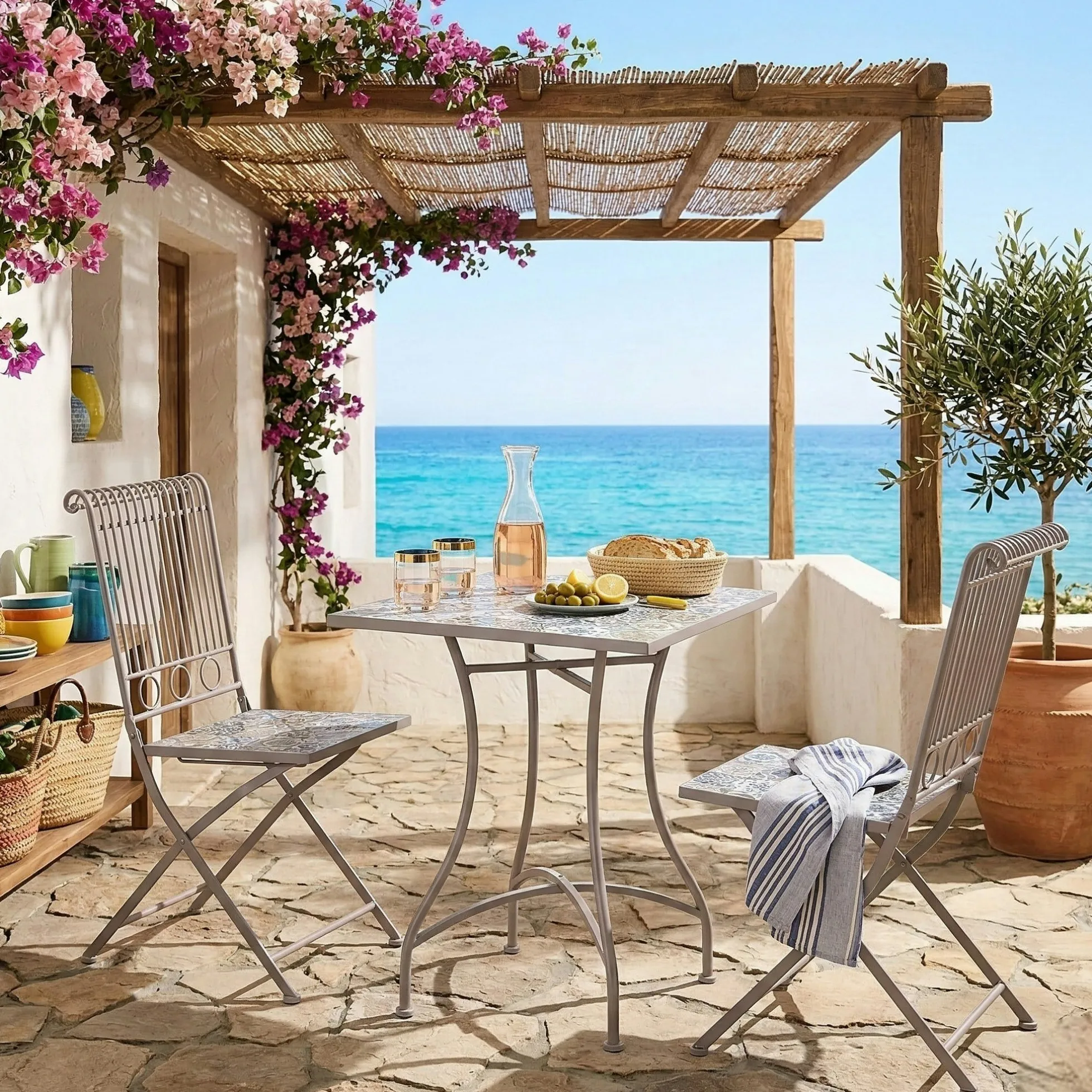 Petite table de jardin carreaux de ciment bleu et taupe 58 cm GRENADE
