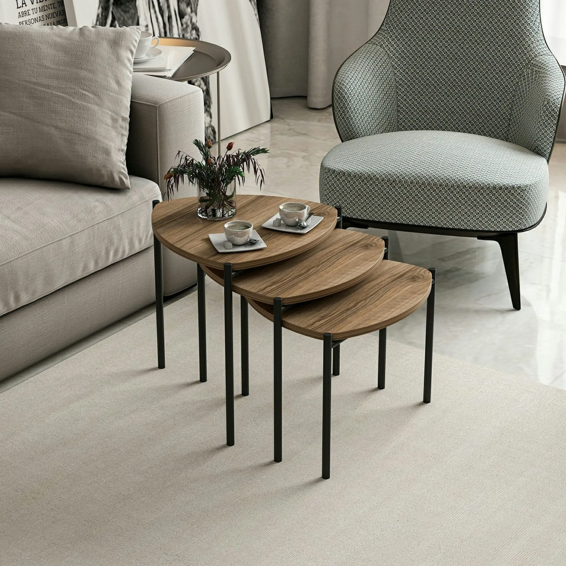Petite table gigogne moderne effet noyer (lot de 3) JENA