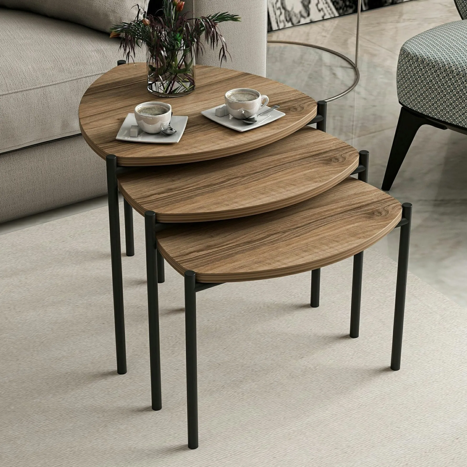 Petite table gigogne moderne effet noyer (lot de 3) JENA