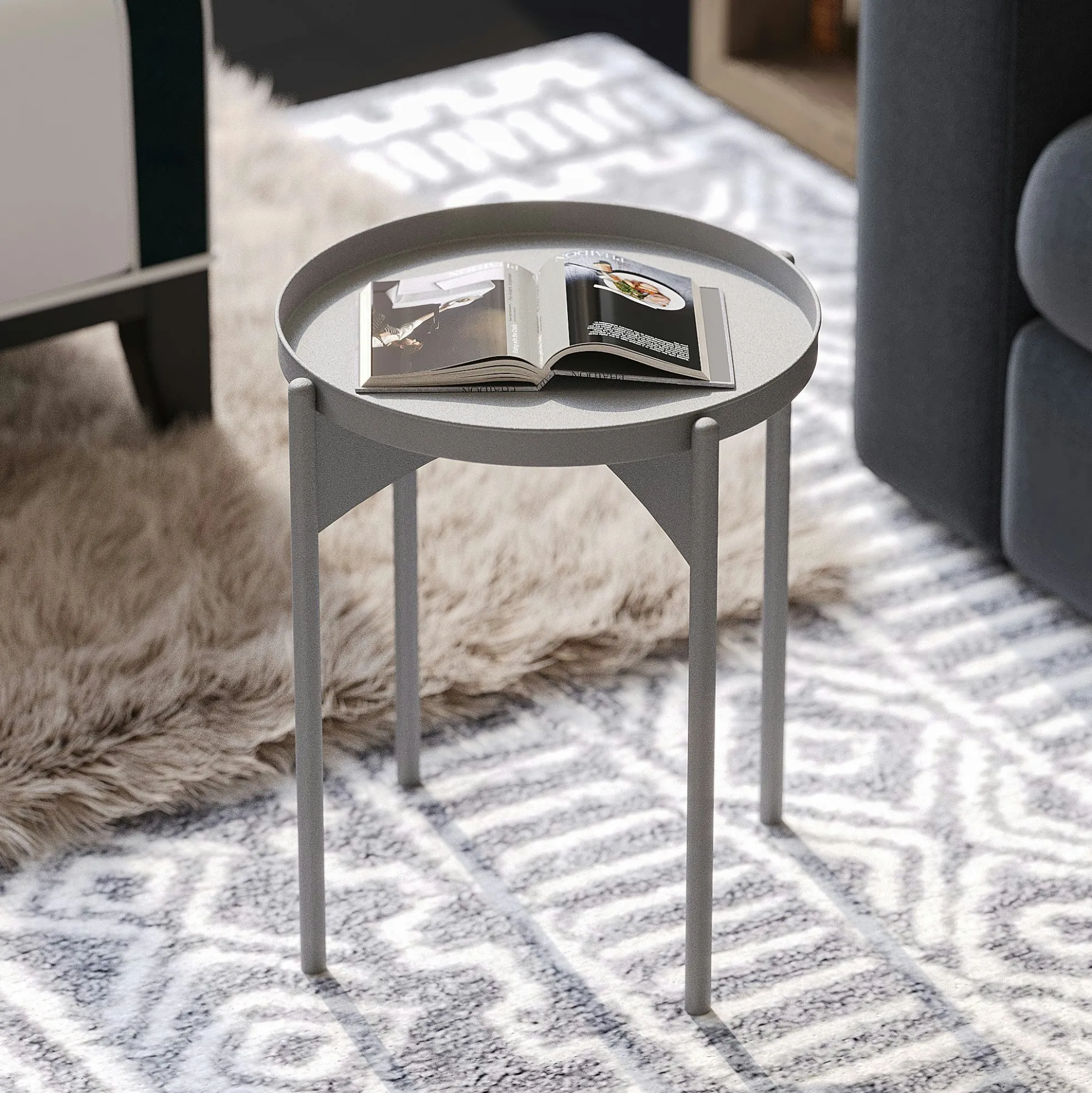 Petite table ronde grise design & plateau assorti SFAX