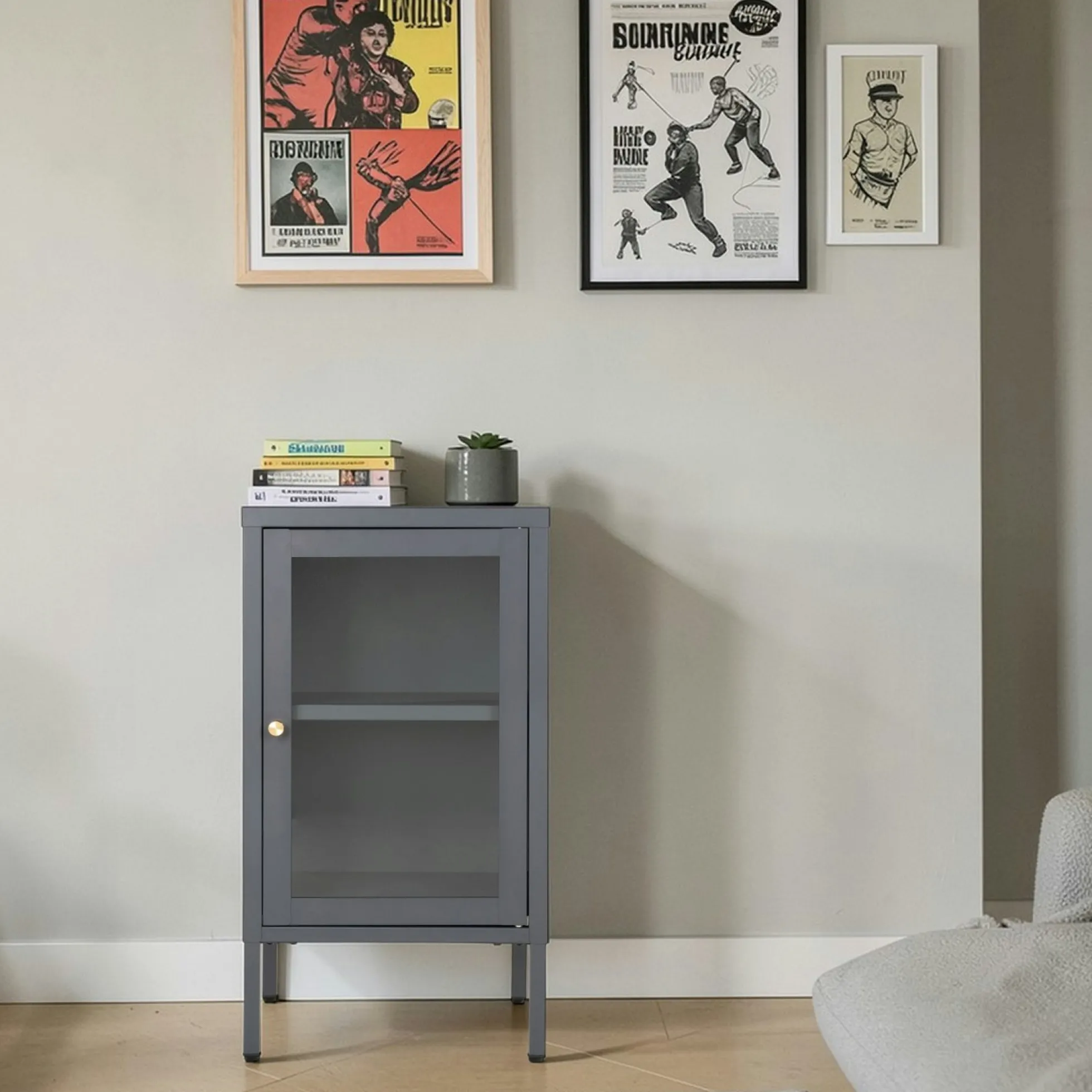 Petit meuble de rangement en métal gris 1 porte vitrée ODENSE