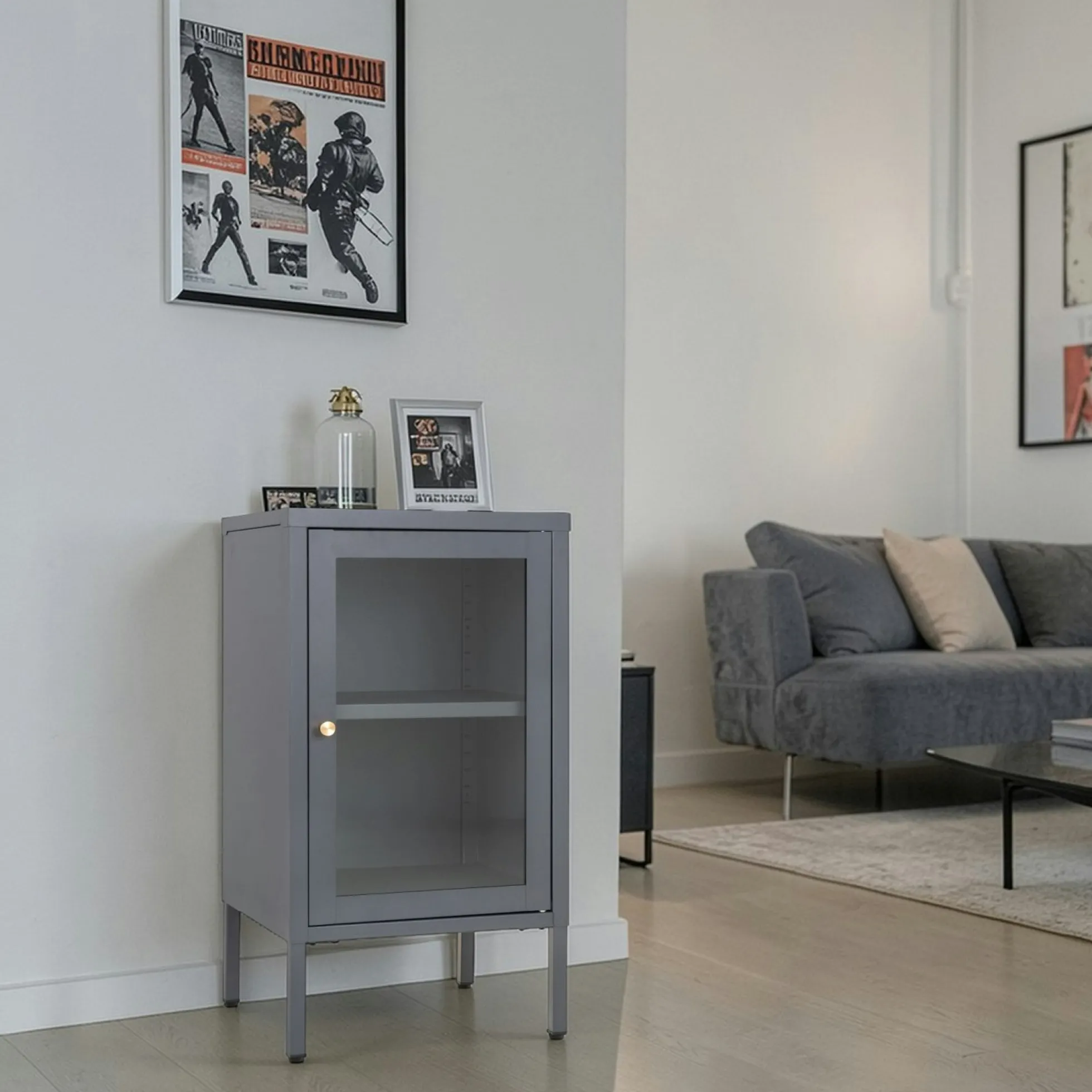 Petit meuble de rangement en métal gris 1 porte vitrée ODENSE